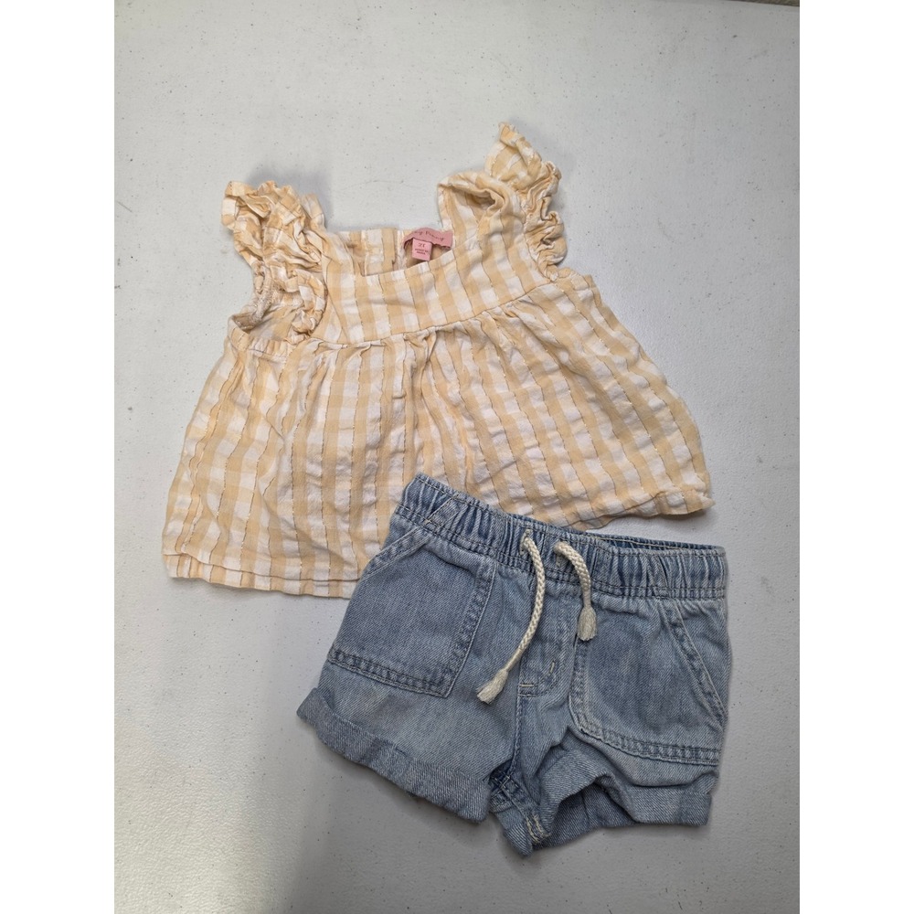 Lucky Penny Gingham Ruffle Top & Cat & Jack Denim Shorts Set 2T Yellow Blue
